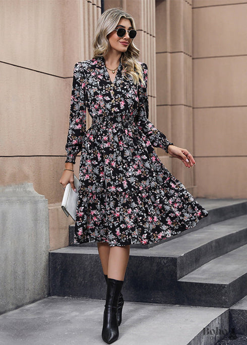 Vestido floral de manga larga de otoño 2024